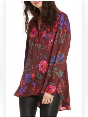 Free People Silky Nights Satin Floral Boxy Blouse Size XS